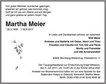 Anzeige  Martha Meier  Lippische Landes-Zeitung
