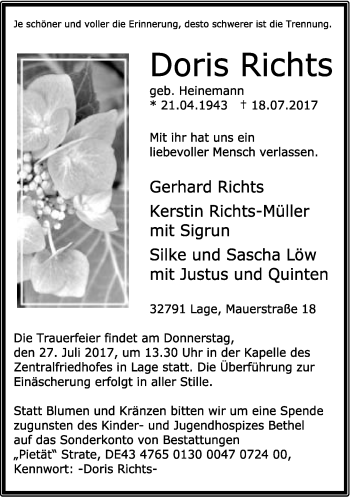 Anzeige  Doris Richts  Lippische Landes-Zeitung