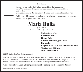 Anzeige  Maria Bulla  Lippische Landes-Zeitung