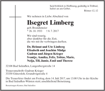 Anzeige  Ilsegret Limberg  Lippische Landes-Zeitung