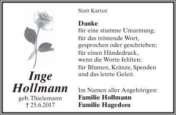 Anzeige  Inge Hollmann  Lippische Landes-Zeitung