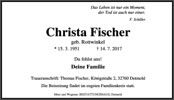 Anzeige  Christa Fischer  Lippische Landes-Zeitung