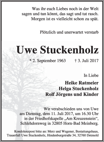 Anzeige  Uwe Stuckenholz  Lippische Landes-Zeitung