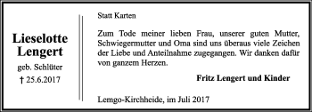 Anzeige  Lieselotte Lengert  Lippische Landes-Zeitung