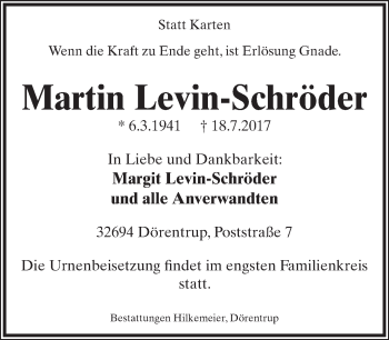 Anzeige  Martin Levin-Schröder  Lippische Landes-Zeitung