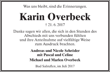 Anzeige  Karin Overbeck  Lippische Landes-Zeitung