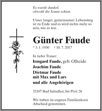Anzeige  Günter Faude  Lippische Landes-Zeitung