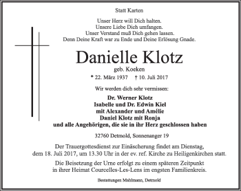 Anzeige  Danielle Klotz  Lippische Landes-Zeitung