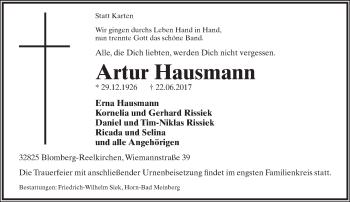 Anzeige  Artur Hausmann  Lippische Landes-Zeitung
