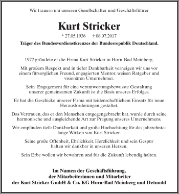Anzeige  Kurt Stricker  Lippische Landes-Zeitung