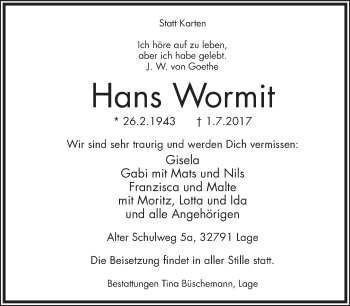 Anzeige  Hans Wormit  Lippische Landes-Zeitung