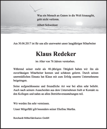 Anzeige  Klaus Redeker  Lippische Landes-Zeitung