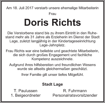 Anzeige  Doris Richts  Lippische Landes-Zeitung