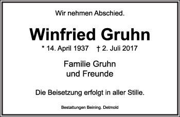 Anzeige  Winfried Gruhn  Lippische Landes-Zeitung