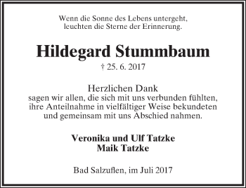 Anzeige  Hildegard Stummbaum  Lippische Landes-Zeitung