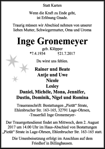 Anzeige  Inge Gronemeyer  Lippische Landes-Zeitung