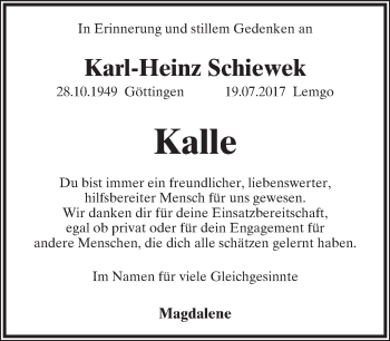 Anzeige  Karl-Heinz Schiewek  Lippische Landes-Zeitung