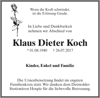 Anzeige  Klaus Dieter Koch  Lippische Landes-Zeitung