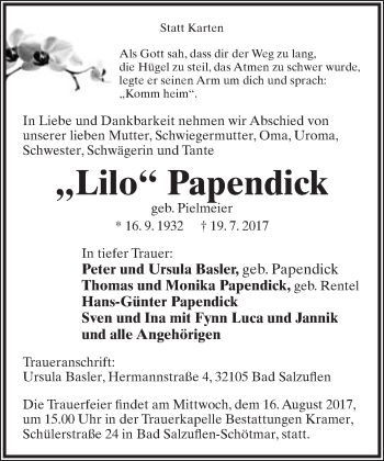 Anzeige  Lilo Papendick  Lippische Landes-Zeitung