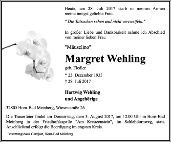 Anzeige  Margret Wehling  Lippische Landes-Zeitung