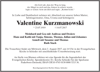 Anzeige  Valentine Kurzmanowski  Lippische Landes-Zeitung