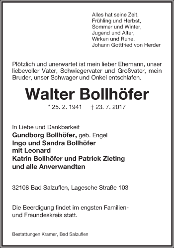 Anzeige  Walter Bollhöfer  Lippische Landes-Zeitung