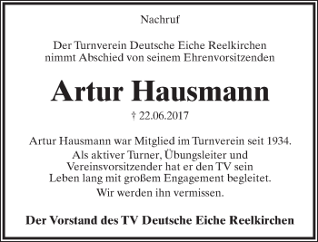 Anzeige  Artur Hausmann  Lippische Landes-Zeitung