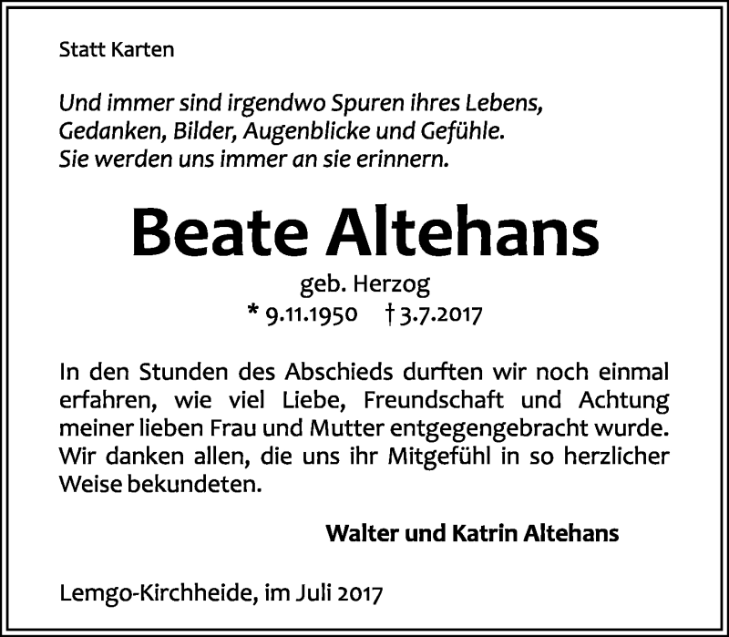  Traueranzeige für Beate Altehans vom 26.07.2017 aus Lippische Landes-Zeitung