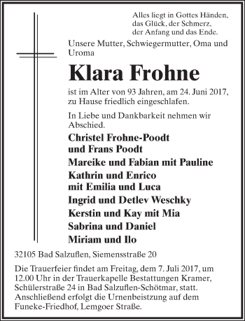Anzeige  Klara Frohne  Lippische Landes-Zeitung
