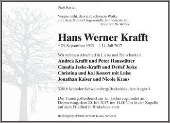 Anzeige  Hans Werner Krafft  Lippische Landes-Zeitung