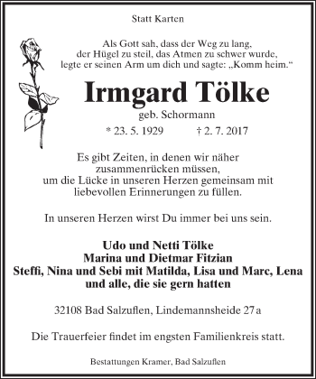 Anzeige  Irmgard Tölke  Lippische Landes-Zeitung