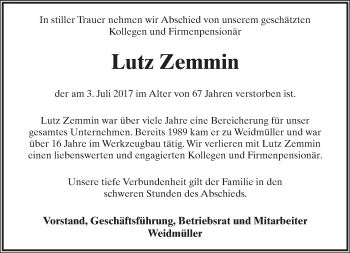 Anzeige  Lutz Zemmin  Lippische Landes-Zeitung
