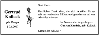 Anzeige  Gertrud Kolleck  Lippische Landes-Zeitung