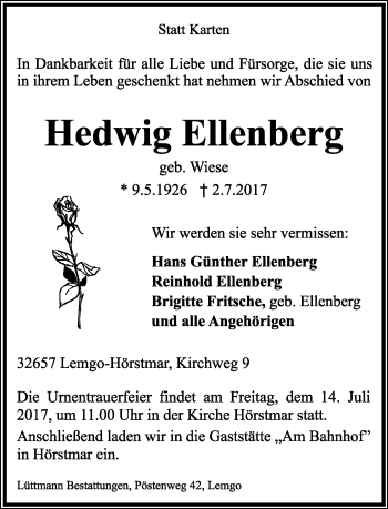 Anzeige  Hedwig Ellenberg  Lippische Landes-Zeitung