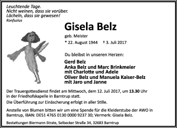 Anzeige  Gisela Belz  Lippische Landes-Zeitung