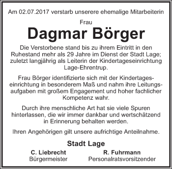 Anzeige  Dagmar Börger  Lippische Landes-Zeitung