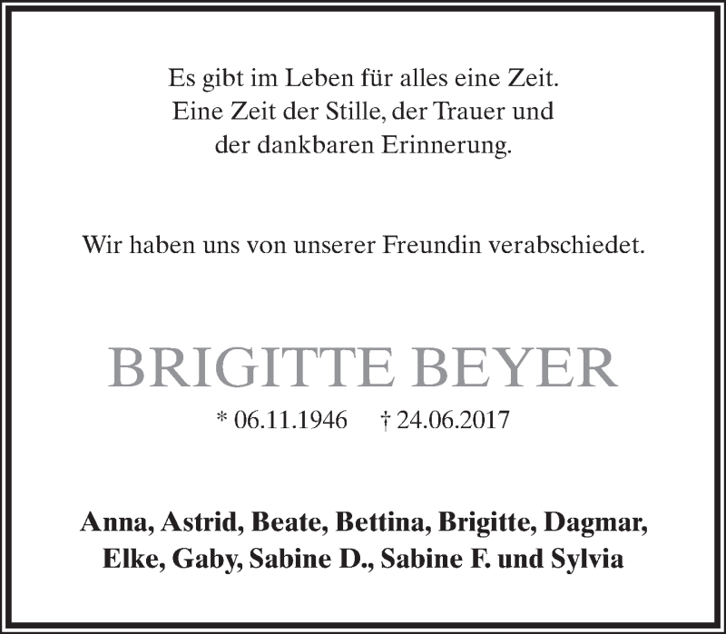  Traueranzeige für Brigitte Beyer vom 01.07.2017 aus Lippische Landes-Zeitung