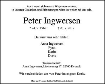 Anzeige  Peter Ingwersen  Lippische Landes-Zeitung