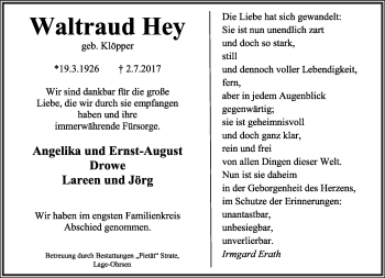 Anzeige  Waltraud Hey  Lippische Landes-Zeitung