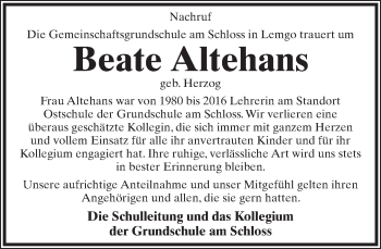 Anzeige  Beate Altehans  Lippische Landes-Zeitung