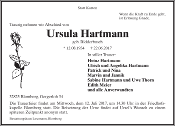 Anzeige  Ursula Hartmann  Lippische Landes-Zeitung