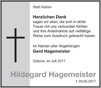 Anzeige  Hildegard Hagemeister  Lippische Landes-Zeitung