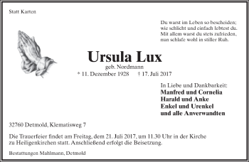 Anzeige  Ursula Lux  Lippische Landes-Zeitung