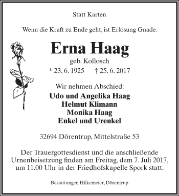 Anzeige  Erna Haag  Lippische Landes-Zeitung