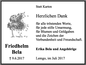 Anzeige  Friedhelm Bela  Lippische Landes-Zeitung