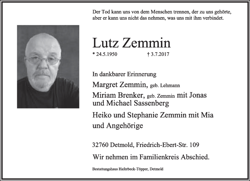  Traueranzeige für Lutz Zemmin vom 05.07.2017 aus Lippische Landes-Zeitung