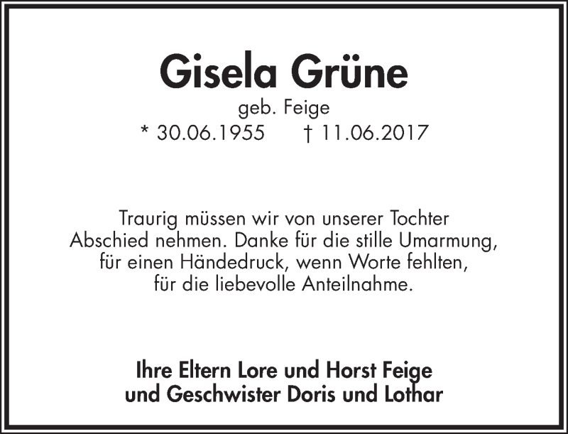  Traueranzeige für Gisela Grüne vom 22.07.2017 aus Lippische Landes-Zeitung