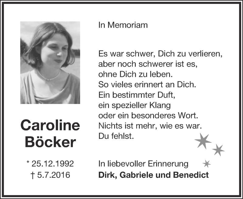  Traueranzeige für Caroline Böcker vom 08.07.2017 aus Lippische Landes-Zeitung