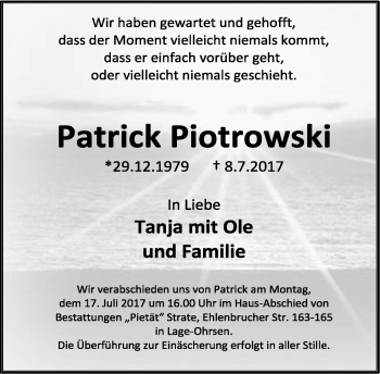 Anzeige  Patrick Piotrowski  Lippische Landes-Zeitung