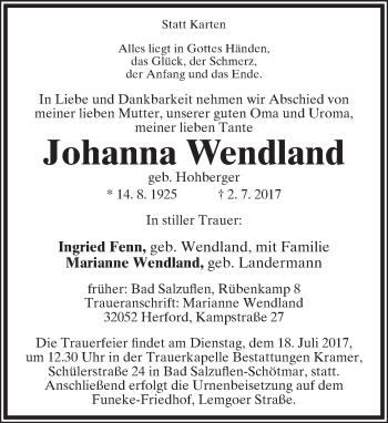 Anzeige  Johanna Wendland  Lippische Landes-Zeitung